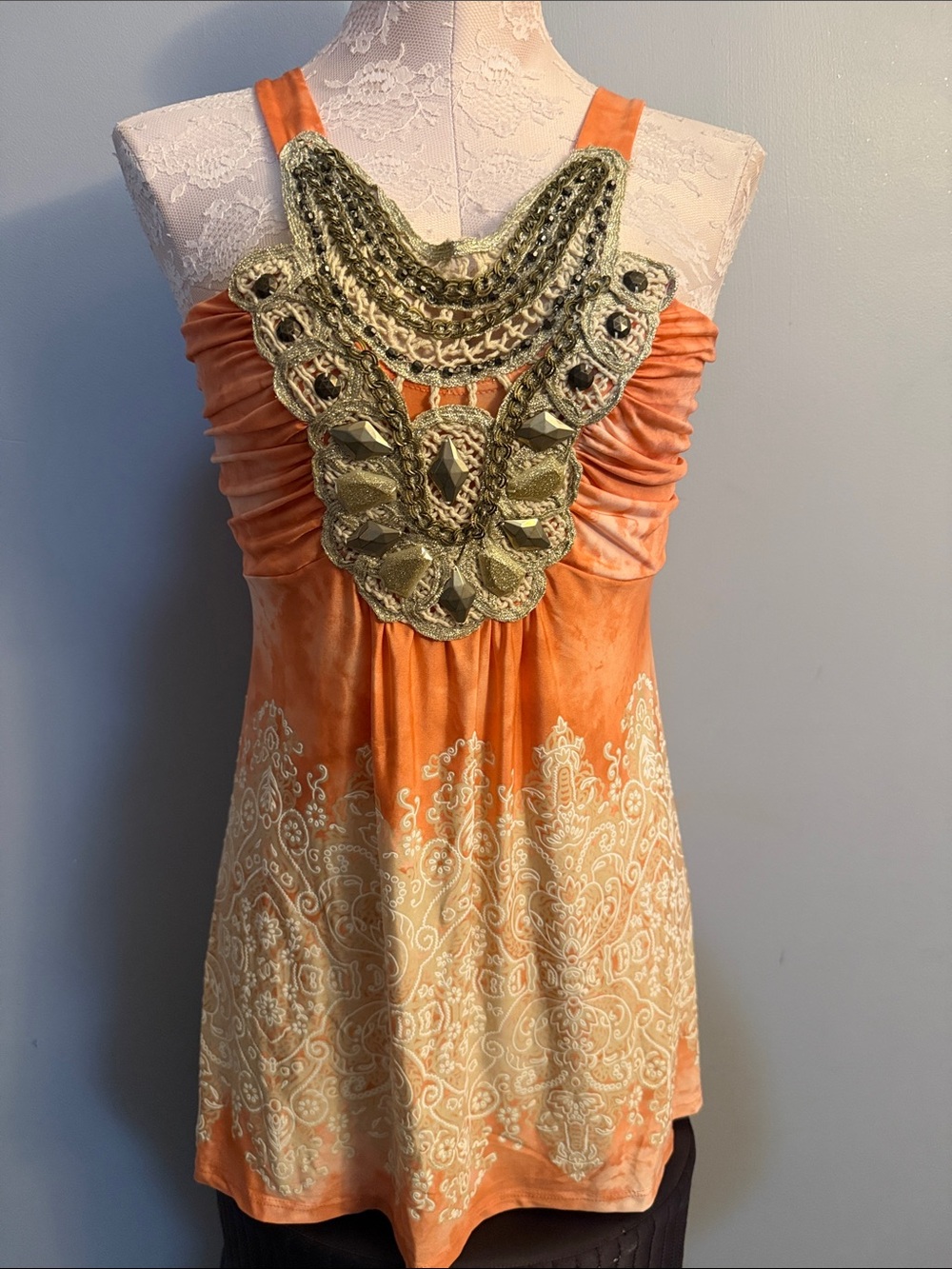Venus Embellished Orange Crochet Necklace Tank Top M - Picture 1 of 4